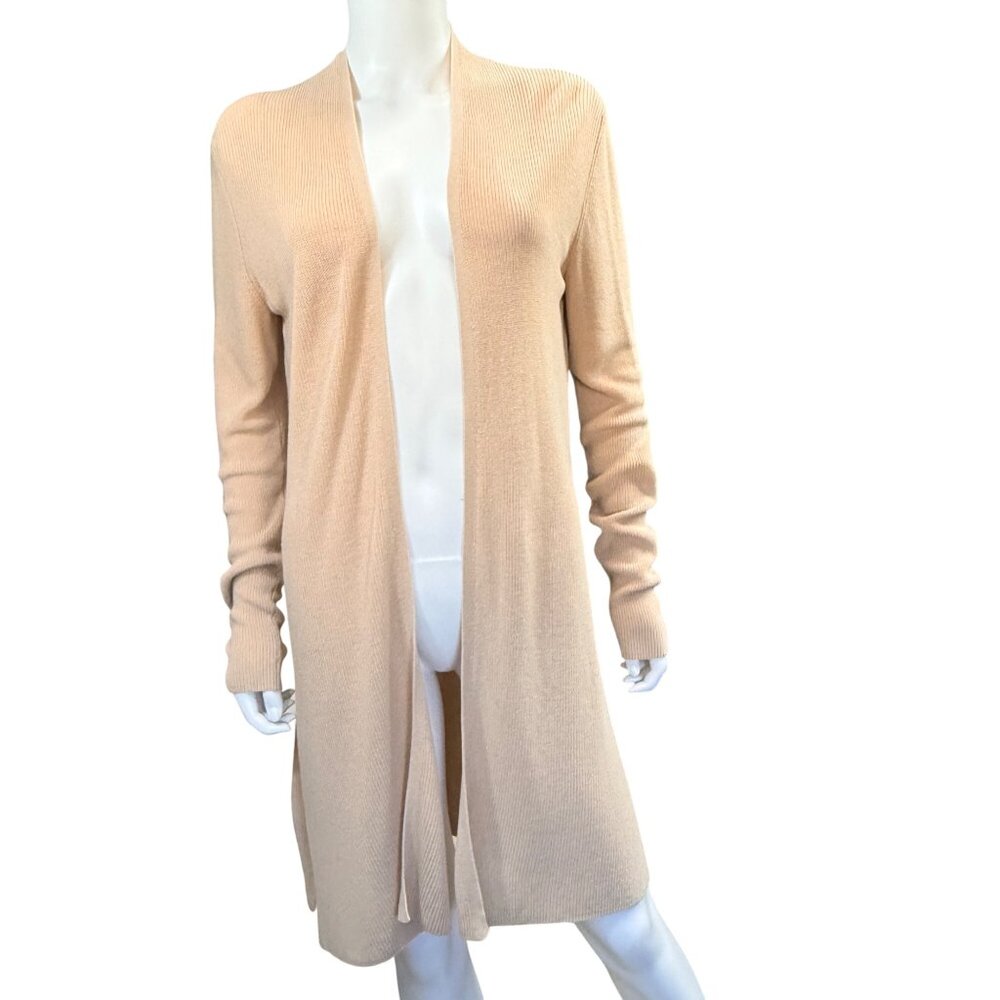 Eileen Fisher Cardigan Womens M Beige Tencel Long Open Front Ribbed Knit USA